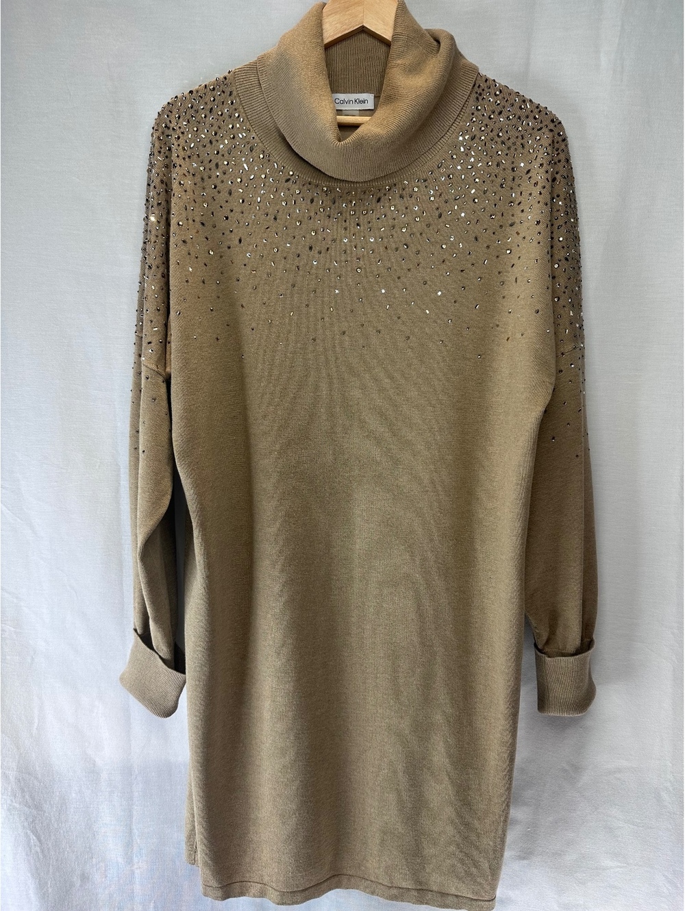 Calvin Klein Large Tan Rhinestone Embellished Cowl Neck Sweater Dress
